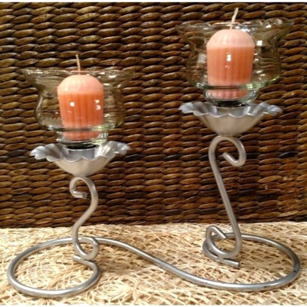 Vintage Metal Floral Double Candelabra w/ Glass Peg Votives and Candles, EUC